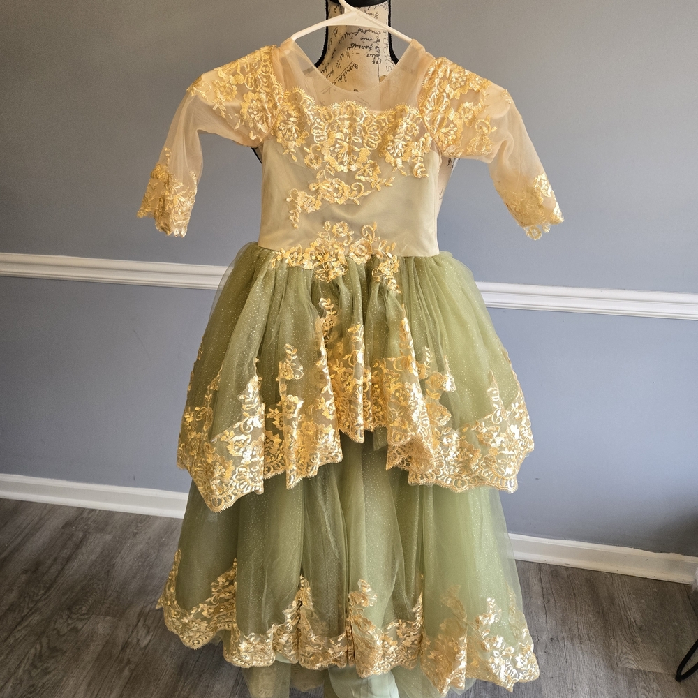 Elegant Green and Gold Kids Costume Dress